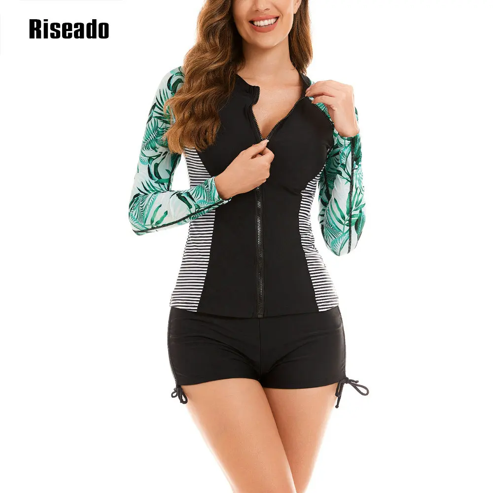 Riseado Rash Guard Top da donna con cerniera manica lunga due pezzi costumi da bagno UPF 50+ protezione UV costume da bagno