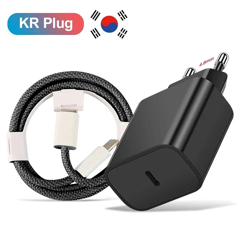 한국 KR USB C 타입 충전기, 아이폰 15 용 고속 충전 케이블, 샤오미 레드미 삼성 S23 울트라 C 타입 전화 어댑터, 20W PD 