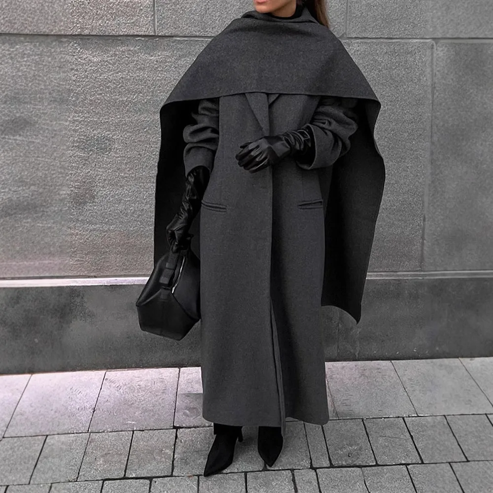 معطف نسائي بياقة وشاح بني عتيق مع حزام أنيق بأكمام طويلة وجيوب سترة صوفية ملابس خروج فضفاضة جديدة للسيدات ﻿