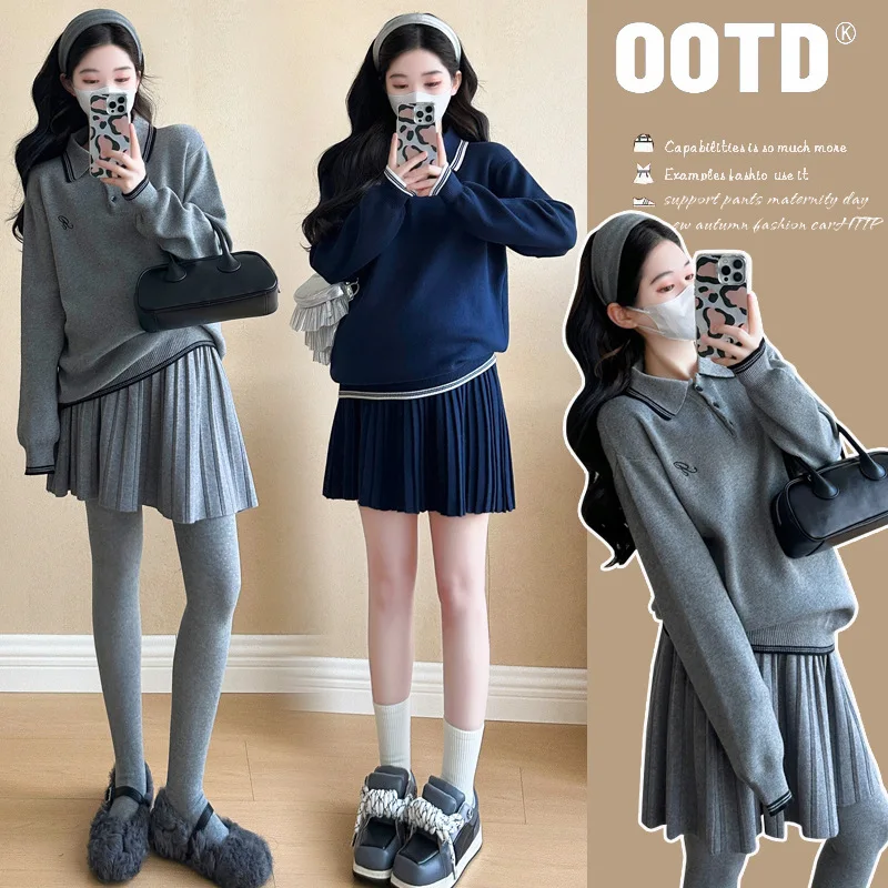 

Sweet Academic Maternity Set Autumn Polo Neck Long Sleeve Knit Sweater with Pleated Skirt Lazy Chic Two Piece for Pregnant Women