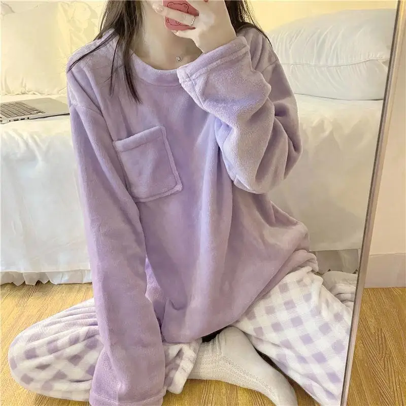 

Women's Pajamas Set Winter Fleece Thick Warm Sleepwear Casual Solid Top and Plaid Pants Soft Pijamas Set for Women Home Suit