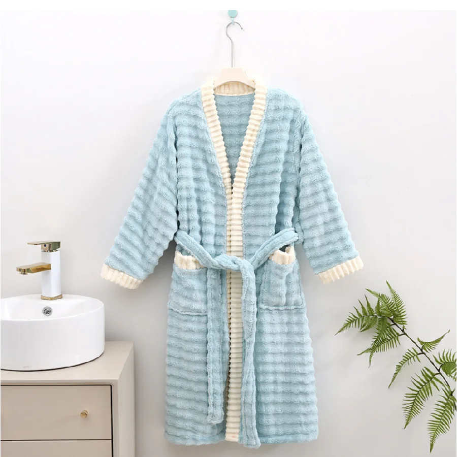 Wave Cloud Pattern Soft Absorbent Coral Velvet Bathrobe Women Winter Warm Robe Bath Robe Nightgown Home Clothes