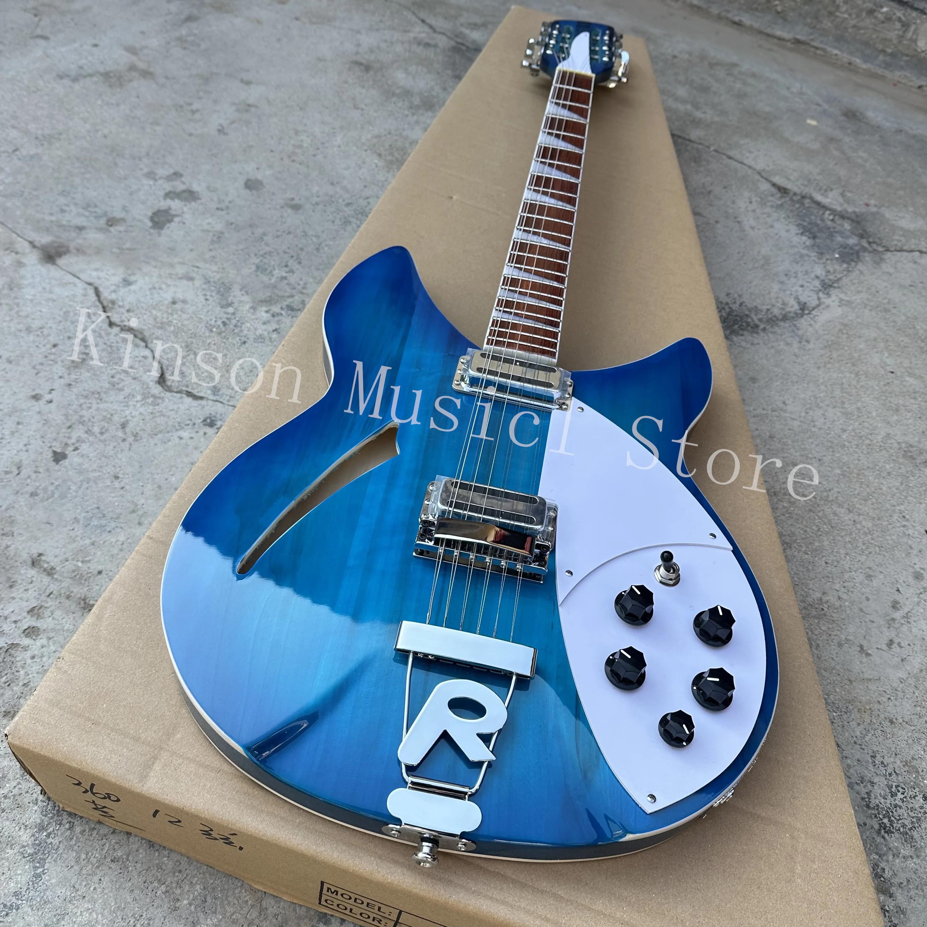 360 Electric Guitar, Blue Color Semi Hollow Body, R Shaped Tailpiece, Rosewood Fingerboard, High Quality 6 String Guitarra