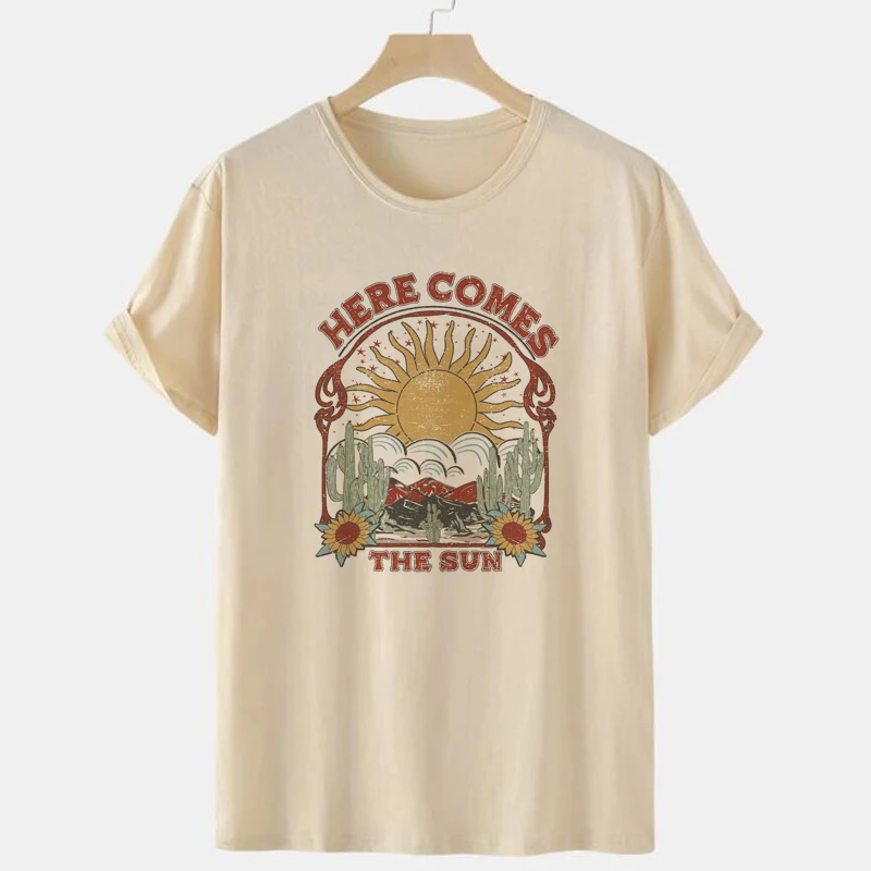 Here Comes the Sun Retro Graphic Tees Women Oversized 70s Hippie Boho T Shirt Cute Positive T-Shirts Vintage Aesthetic Clothes