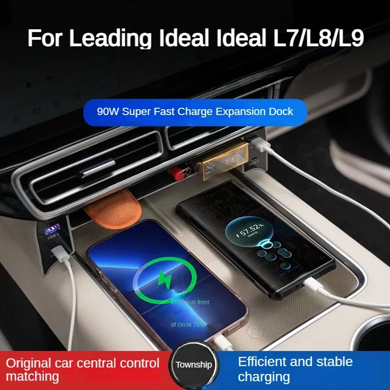 For Leading Ideal L7 L8 L9 Car Fast Charger 90W USB Shunt Hub Splitter With Cigarette Light To Adapter Type C USB Charging