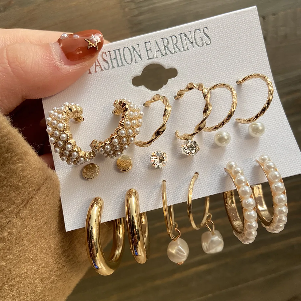 6 Piece Set Faux Pearl Hoop Earrings for Women Creative French Retro Gold Tone Premium Lightweight Daily Wear Hypoallergenic