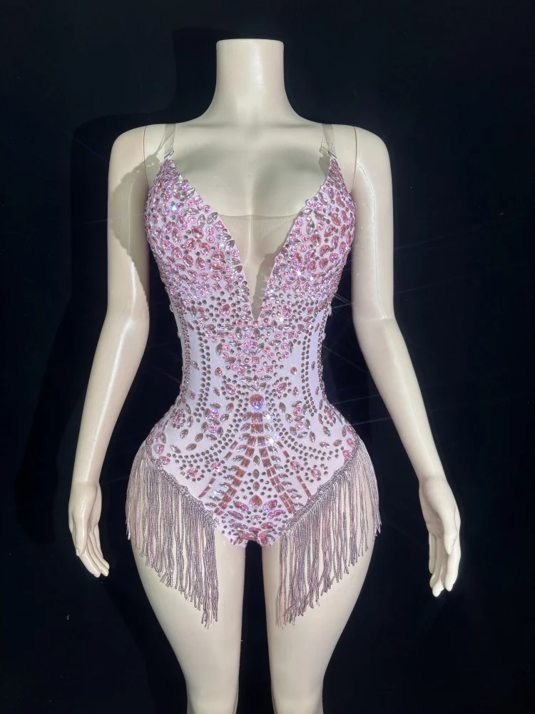 Women Sexy Sparkly Red Pink Crystal Sparkly Sequins Night Club Singer Dancer Shinning Tassel Stage Costume Party Bodysuit
