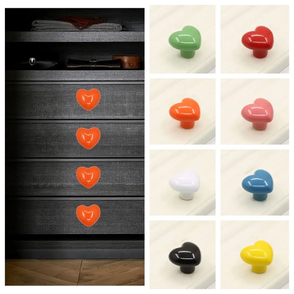 Cute Single Hole Heart Shaped Door Handles No- punching Colored Door Pull Handles Ceramic Heart-shaped Drawer Knobs Wardrobe