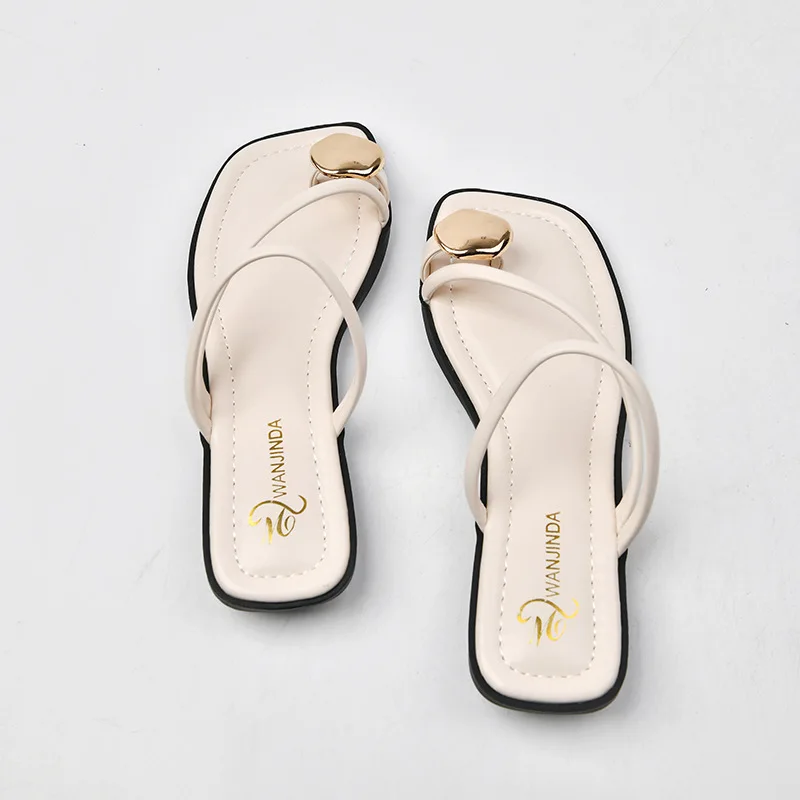 Women Sandals Narrow Band Fashion Metal Decoration Low Heel Slip on Summer Female Slipper Elegant Slides Outdoor Beach Flip Flop