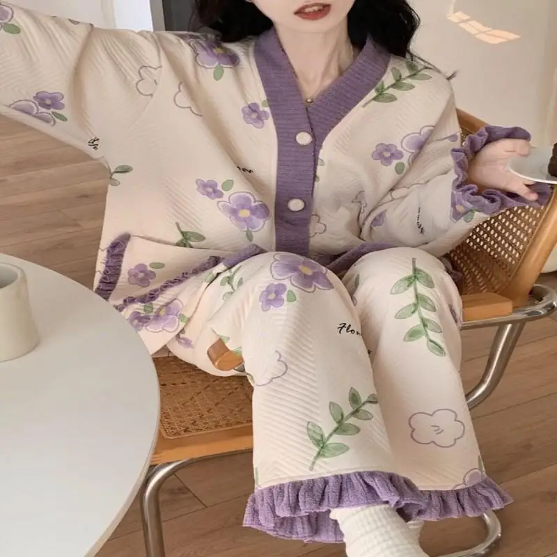 بيجامة قطنية هوائية للنساء في الخريف والشتاء طقم بيجامة مثير ملابس منزلية عصرية أطقم جديدة متطابقة بدلة نسائية أنيقة #3