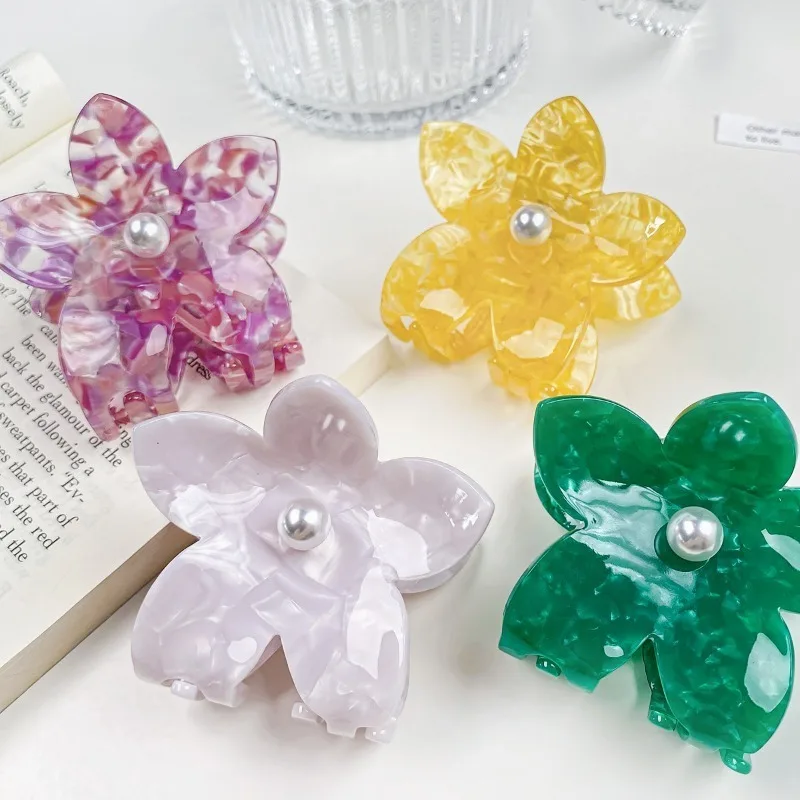 Fashion Acetate Flower Pearl Hair Claw Clips Headdress for Women 2024 High Quality Korean Sweet Colored Hairpin Hair Accessories