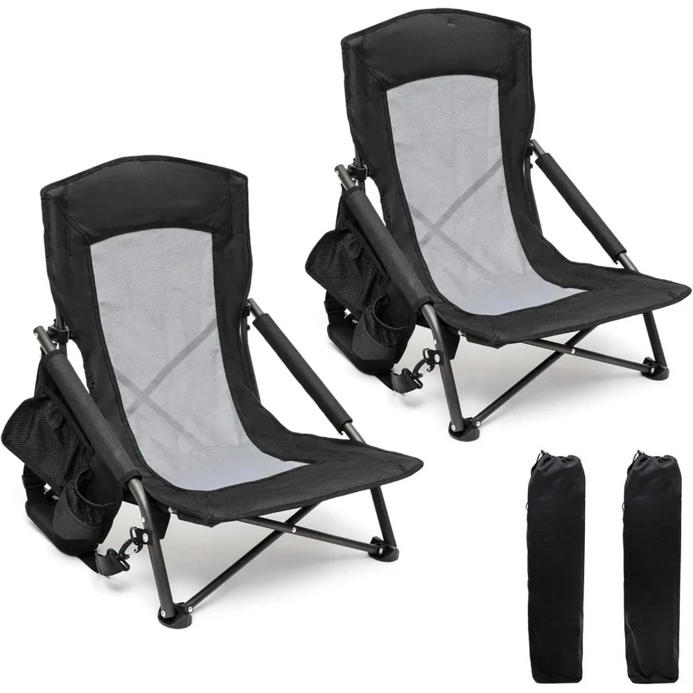 

Folding Low Camping Beach Chair 2 Pack, Lightweight Portable Lawn Chair with Mesh Back, Cup Holder for Outdoor/Travel/Picnic