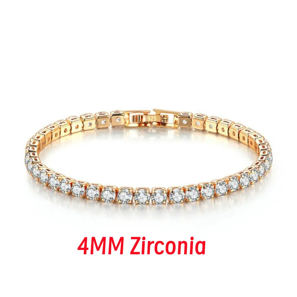 New Exquisite Tennis Bracelet 925 Sterling Silver Hip Hop Trend Gold Color 4MM Women's and Men's Bracelet Crystal Jewelry Gift