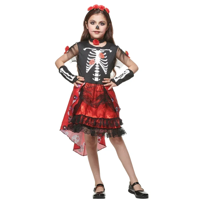 Esqueleto dia dos mortos fantasia de cosplay infantil, vestido chique para meninos e meninas, deluxe Halloween Carnaval e Páscoa Purim, mexicano e mexicano