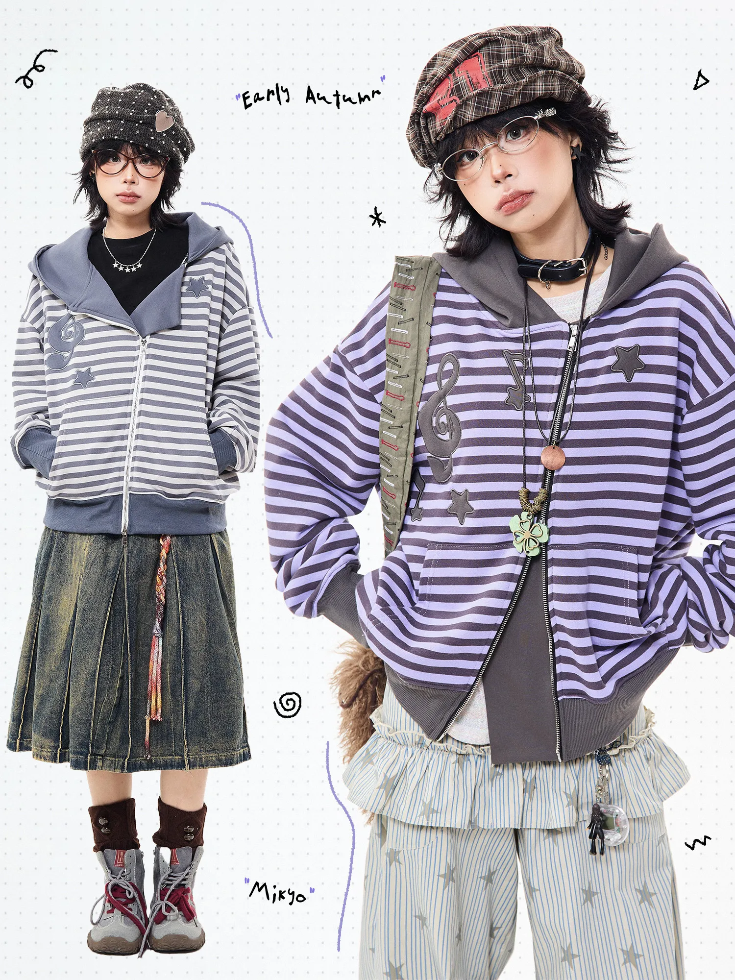 MIKYO Felpa con cappuccio retrò americana da donna ampia vestibilità slim casual con cerniera fantasia a righe felpa cardigan aperto alla moda Jaet