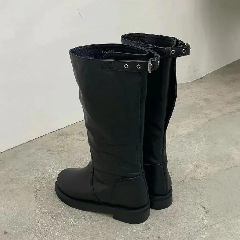 

New Autumn and Winter Leather High Leg Women's Boots Wide Leg Round Headed Knight Boots Women's Thick Soled Long Leg Boots