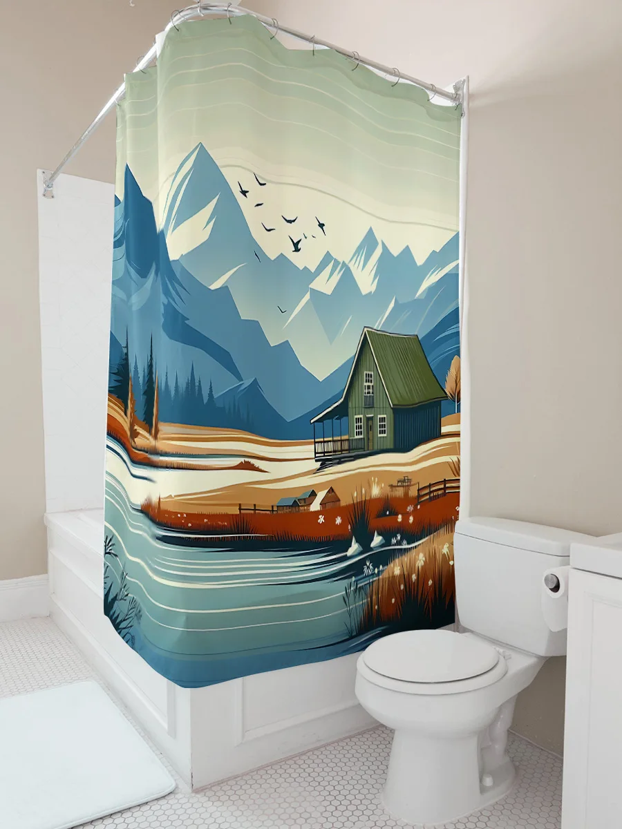 Waterproof Shower Curtain Mountain Cabin Design Enhances Bathroom Aesthetic Rustic Charm Serenity Home Decor Essential EasyClean