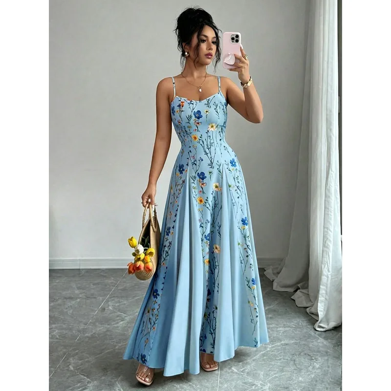 Elegantes Damen-Maxikleid mit Blumenmuster, Spaghettiträgern und Korsett, Fließendes A-Linien-Kleid für Sommer, Strand, Hochzeitsgäste und Urlaub – Detail 7