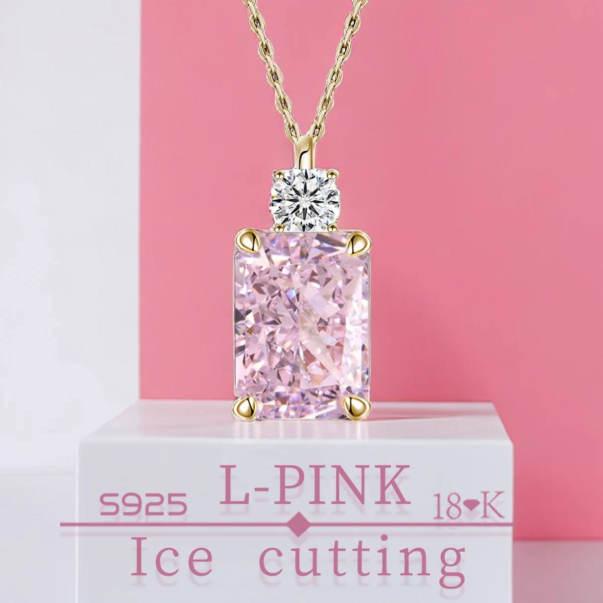 

S925 Sterling Silver Fine Quality 3.5 carat 1 rectangle Light Pink Zircon Sparkle 5A Good quality Ice Cut Ladies Pendant