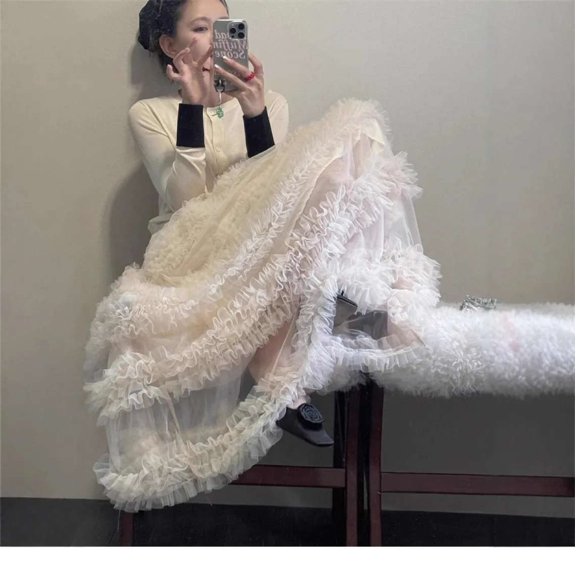 Women's Skirts Niche Fairy-Tale Aesthetic Long Dress Korean-Style Minimalist Mesh Panel Layered Skirt Cake-Style Tiered Overlay