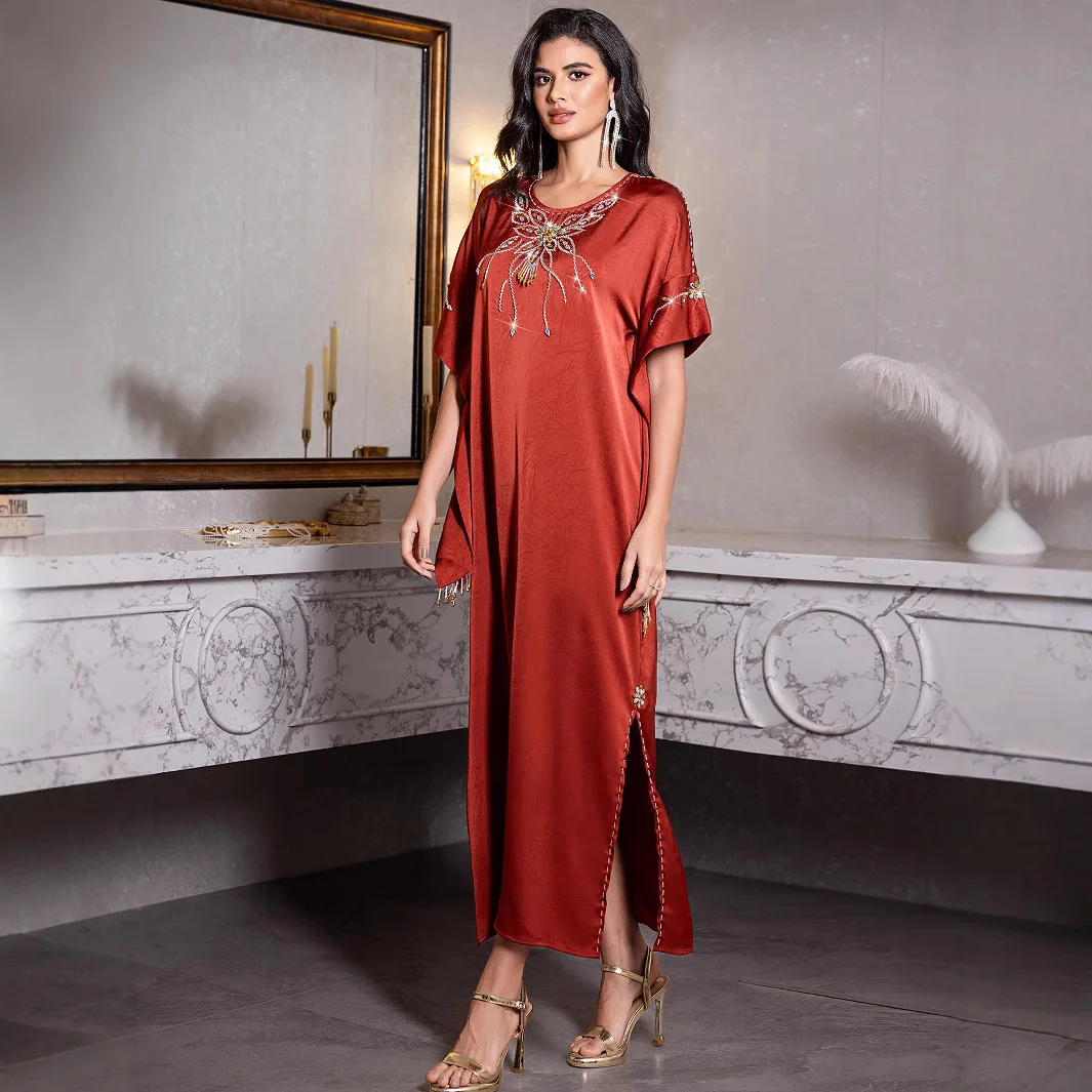 Elegant Muslim Women Short Sleeve Dress Retro Ramadan Vestido Longue Dubai Abaya Turkey Islam Long Evening Dresses Musulmane New