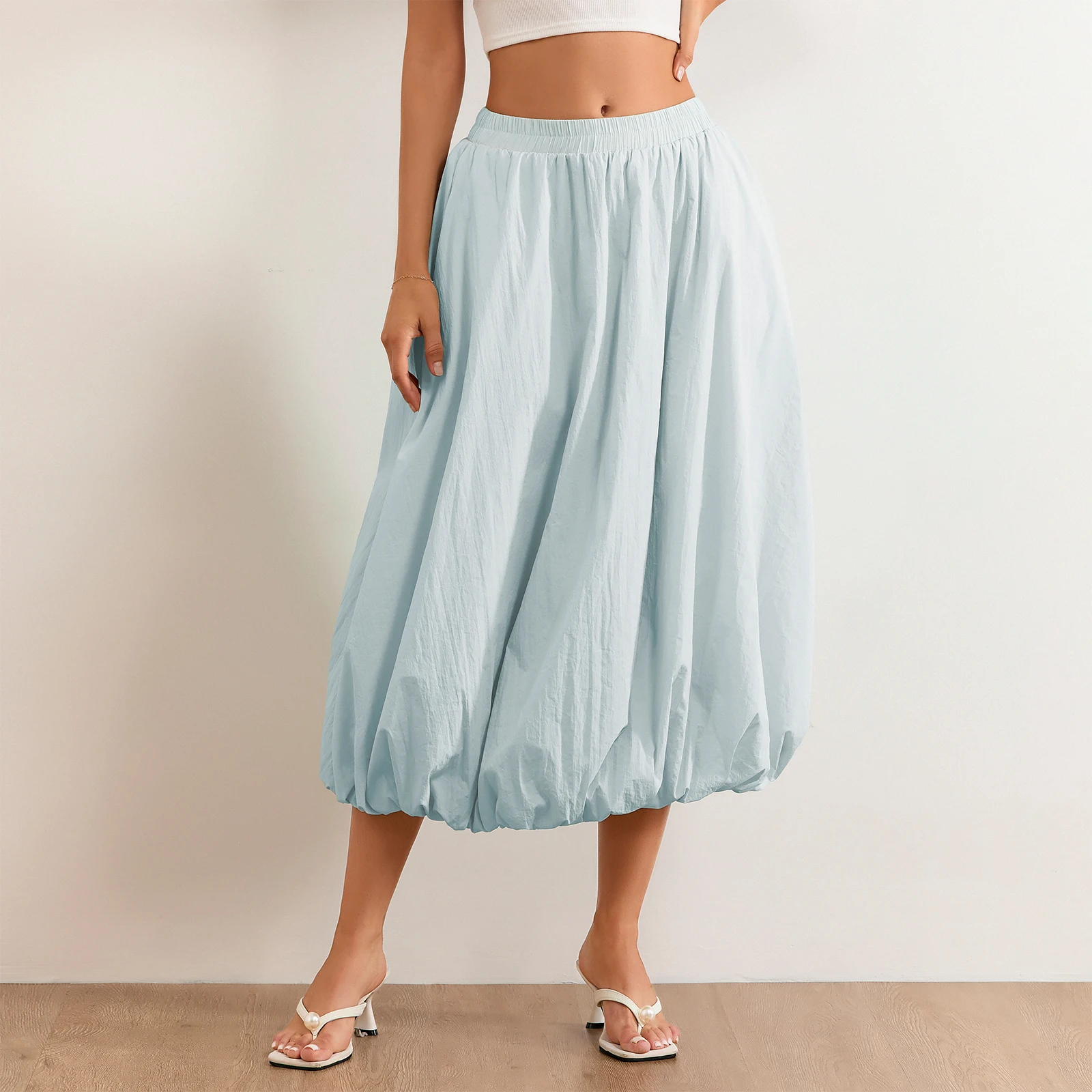 

Women Balloon Long Skirts Elegant High Waist Solid Color A-Line Skirts Casual Flowy Skirts