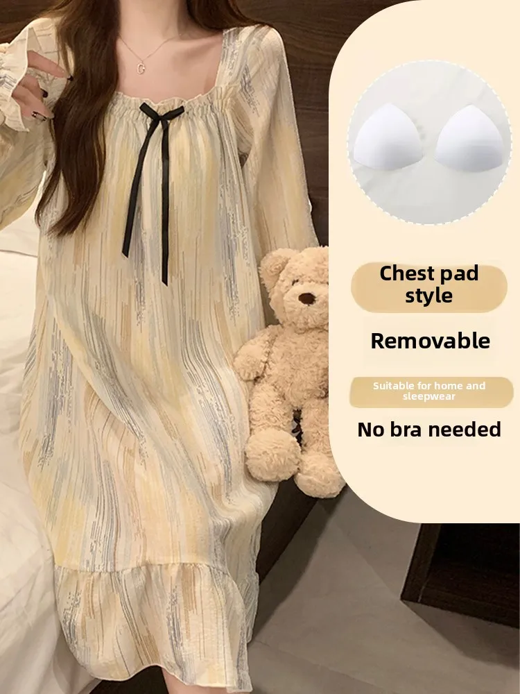 

Удобная хлопково-марлевая одежда с пузырьками Long Sve Sp Dr, весенне-осенняя женская домашняя одежда больших размеров с накладкой на грудь