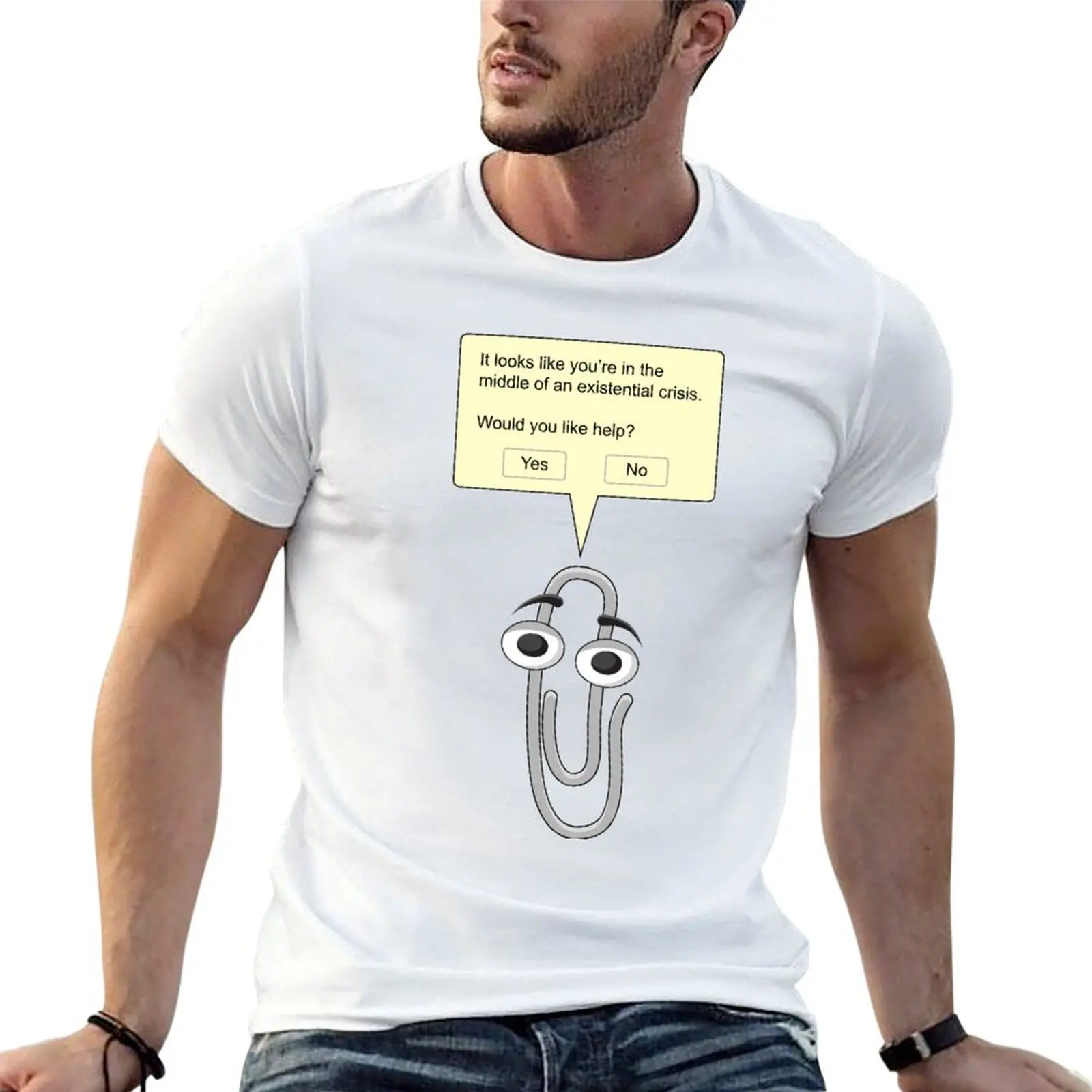 Футболка Clippy - Existential Crisis, мужские футболки, белые мужские футболки с графическим рисунком, хлопковая футболка, мужская футболка