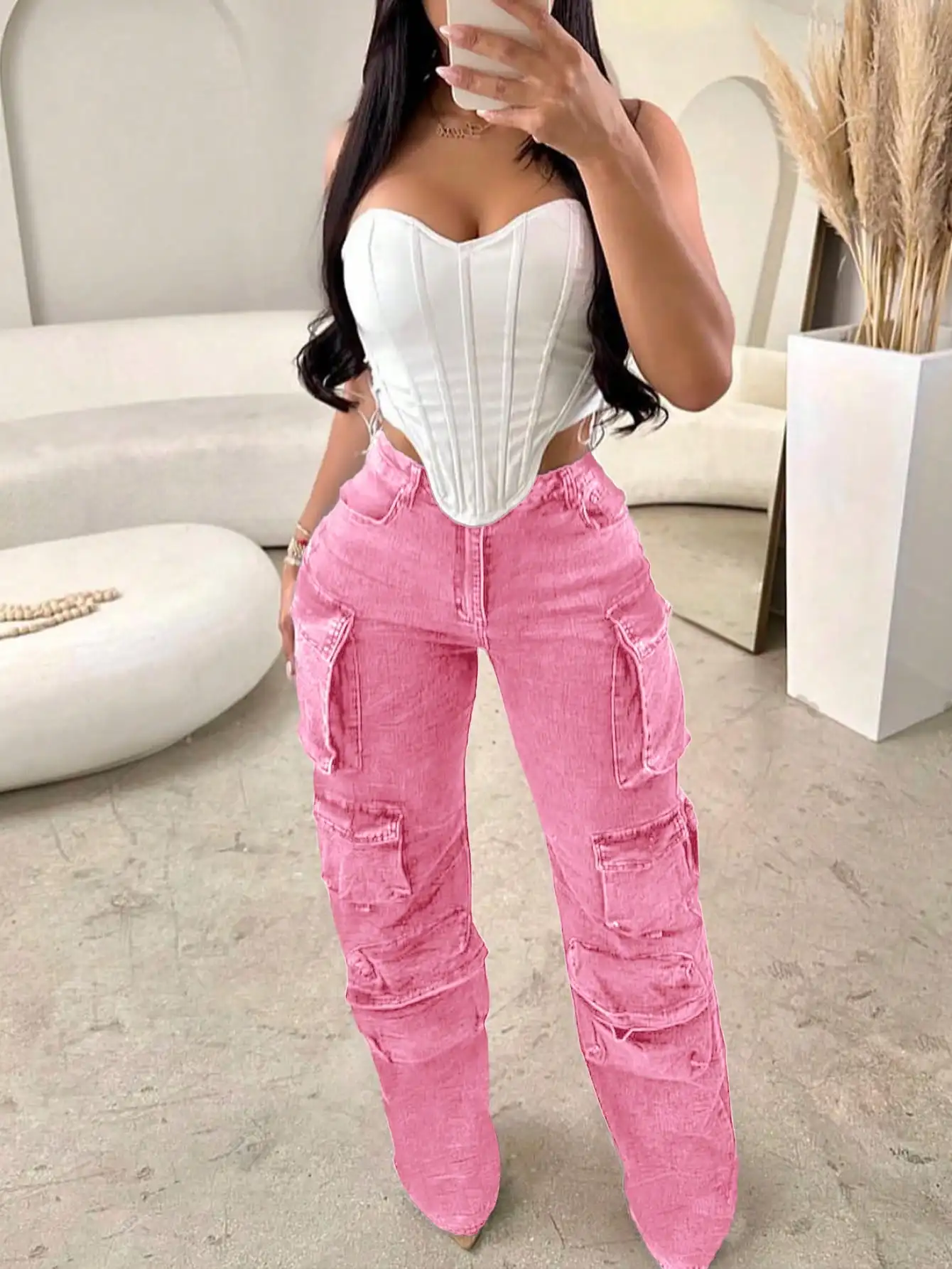 Jean Cargo rose pour femmes, pantalon taille haute en forme de poire, jambes larges avec poches, Style de rue, vêtements de sport décontractés pour l'extérieur, été 2025