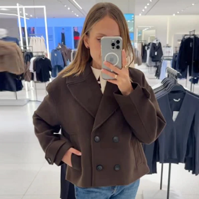 HXAO Mode Tweed Bruine Jas Dames Winterjas 2025 Crop Lange Mouw Jassen Chique Elegante Double-Breasted Anorak Outerwears