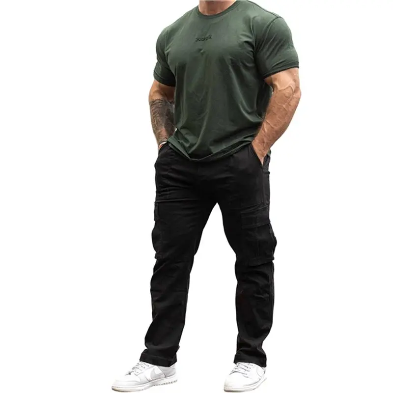 NEW-Men's Multi Pocket Straight Leg Cargo Trousers Black XL