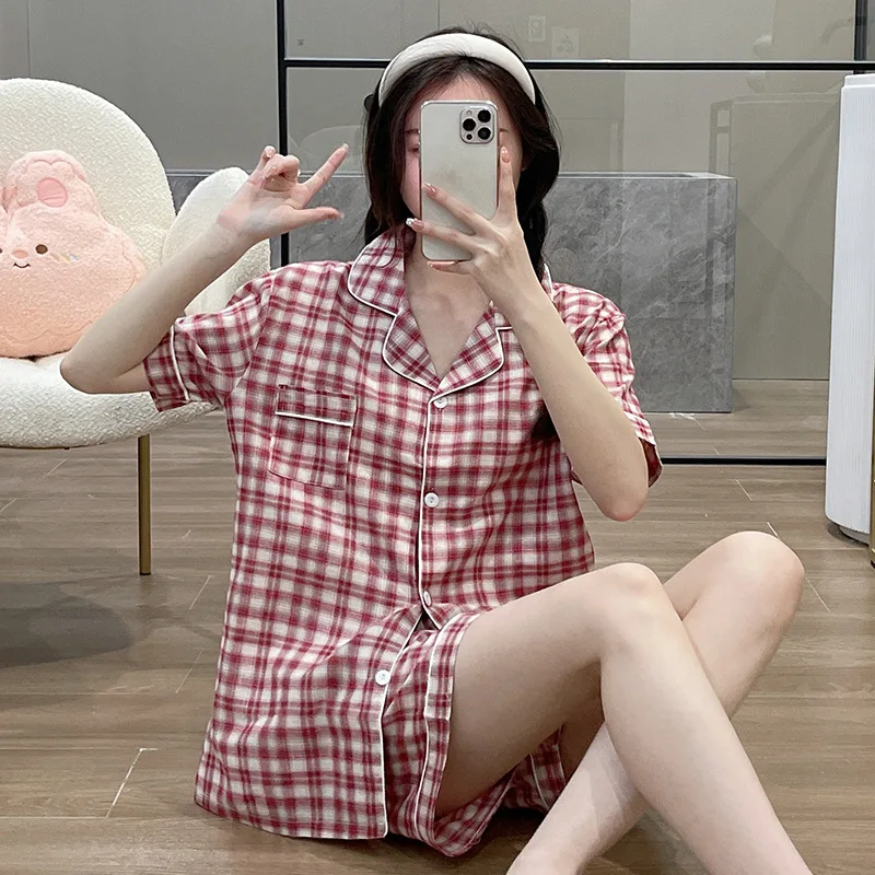 Korean Style Ins Plaid Pajamas Women Simple Can Be Worn outside Summer New Short sleeve Pure Cotton High-Grade Thin Homewear