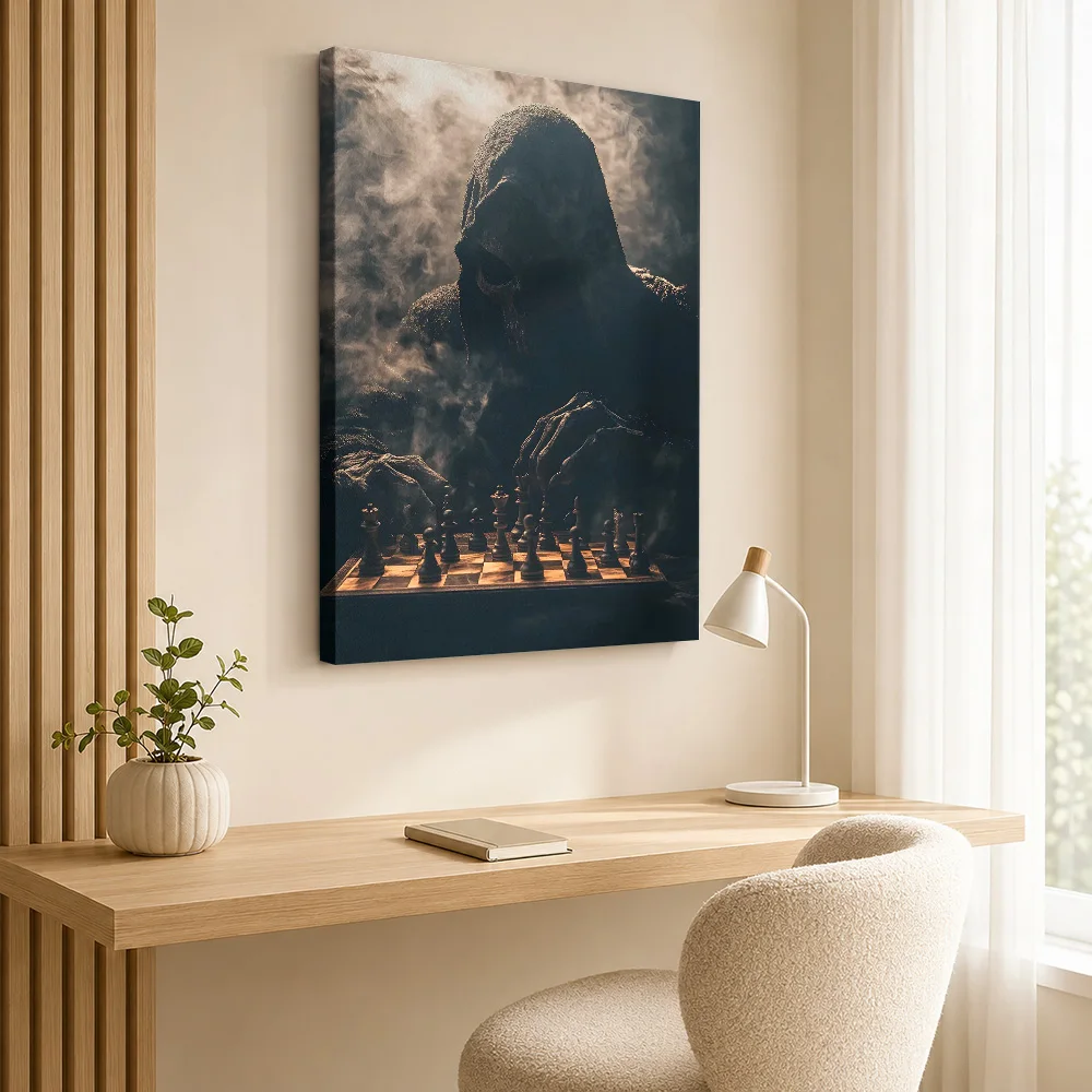 Grim Reaper Playing Chess Dark Fantasy Art Canvas Posters Gothic Wall Decor With Customized Photo For Study Ideal Collector Gift
