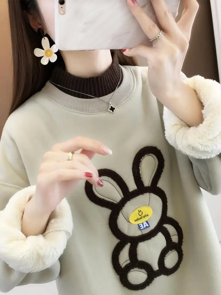 Felpa con cappuccio Thiened in pelliccia di agnello da donna di grandi dimensioni 300 Pou lavorata a maglia collo semi-alto Faionable Top di media lunghezza alla moda