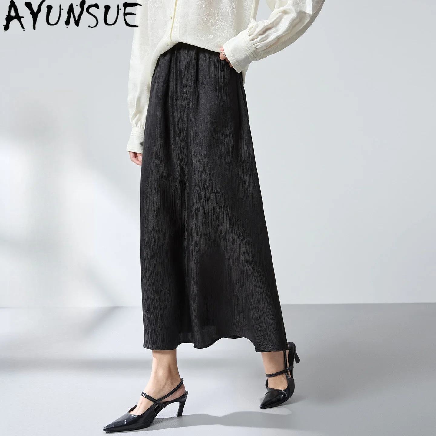 AYUNSUE 95.9% Mulberry Silk Long Skirts for Women Chinese Style Jacquard Black Skirt Summer Casual Women Skirts 2026 Ropa Mujer