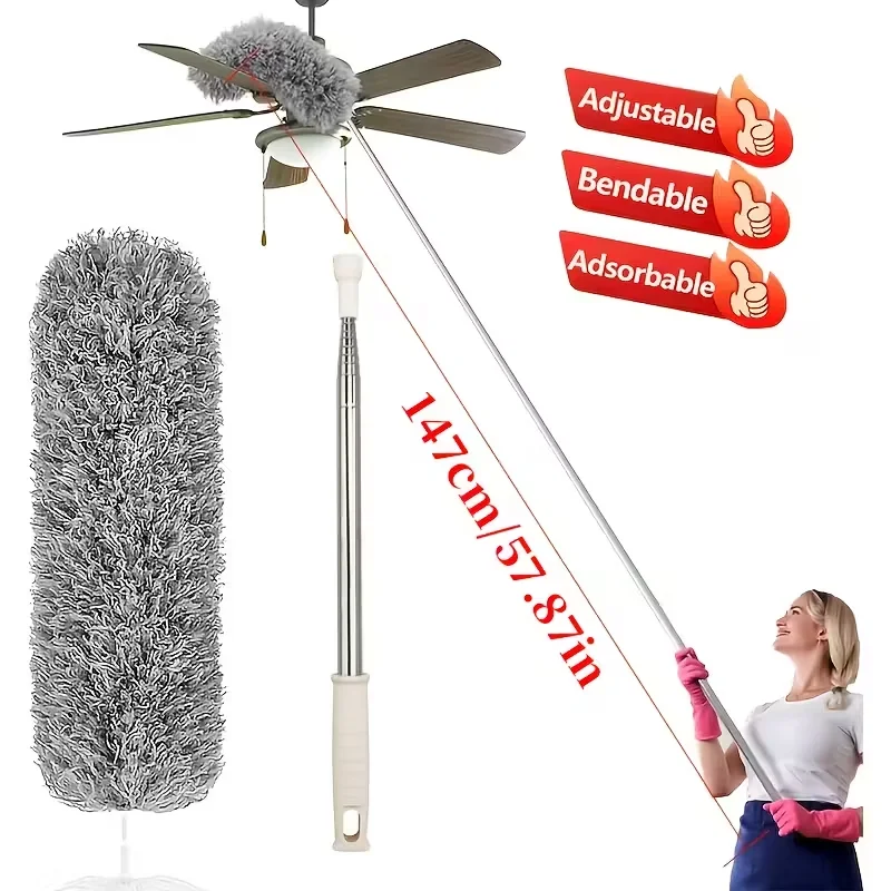 Extra-Long Retractable Duster with Bendable Head - 147cm Extendable Rod, Washable & Reusable Blue Microfiber Brush for High Ceil