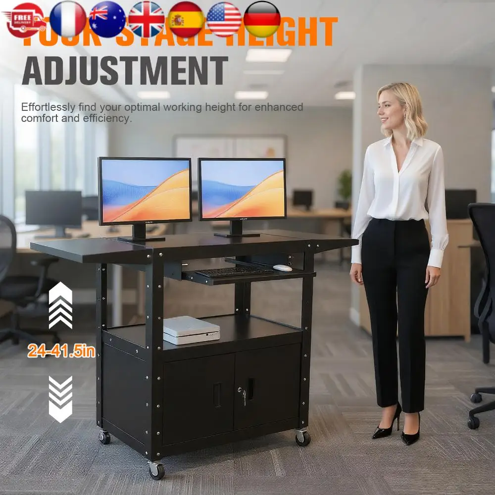 

Мобильная AV-тележка с запирающимся шкафчиком, регулируемая по высоте, с выдвижной полкой для клавиатуры и системой организации кабелей для офиса