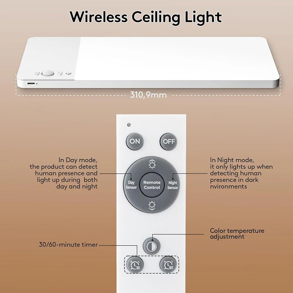 Image 5: Plafonnier LED 3 couleurs, 10000mAh, rechargeable, à intensité variable, télécommande, minuterie, sans fil, LED ultra-mince, détecteur de mouvement