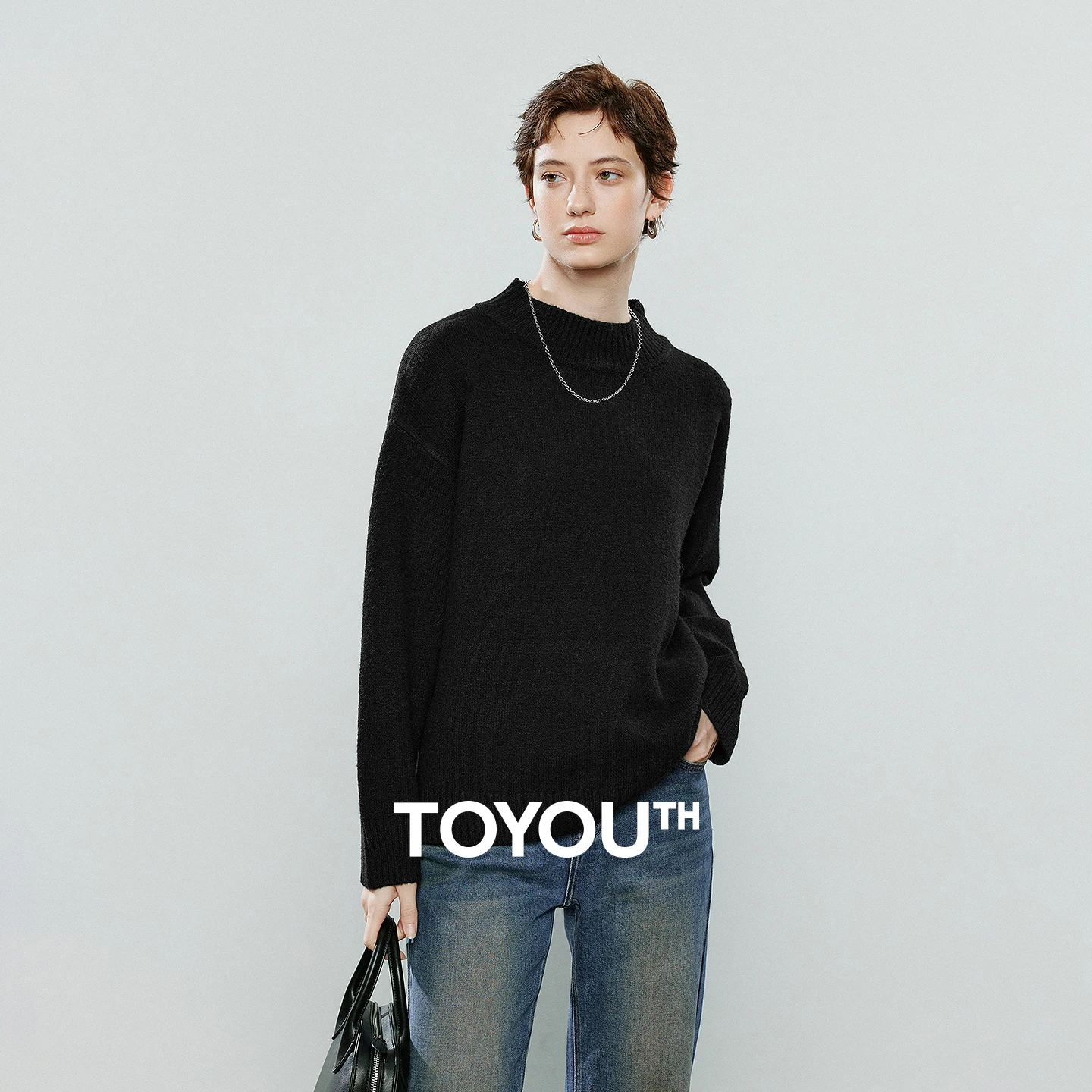 

TOYOUTH женский свитер 2025, зима, новый стиль, ленивый стиль, свободный воротник-стойка, теплый низ, шерстяной пуловер, топы