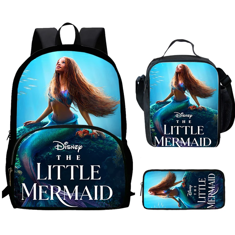 Cartoon The Lit-tle-Mer-maid Backpack with Front Pocket,Lunch Bags,Pencil Bags for Aged 5-10 ,Cartoon School Bags for Boys Girls