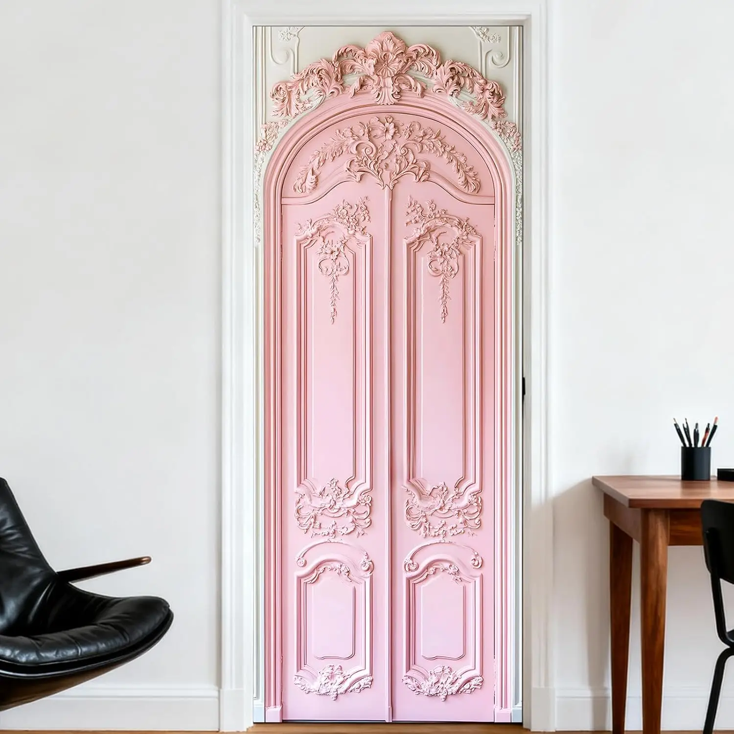 Pink Rococo Door Sticker, 3D Embossed PVC Waterproof Self-adhesive Mural, Removable Home Decor