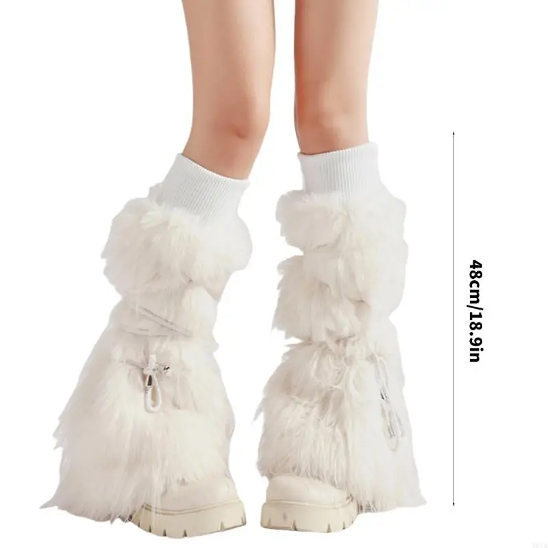 W0YA ผู้หญิง Harajuku Ribbed Cuffs Plush ขาอุ่นกับ TIES ผ้าพันคอ Furry BOOT ครอบคลุมแขนขาบานถุงเท้าไม่มีเท้า