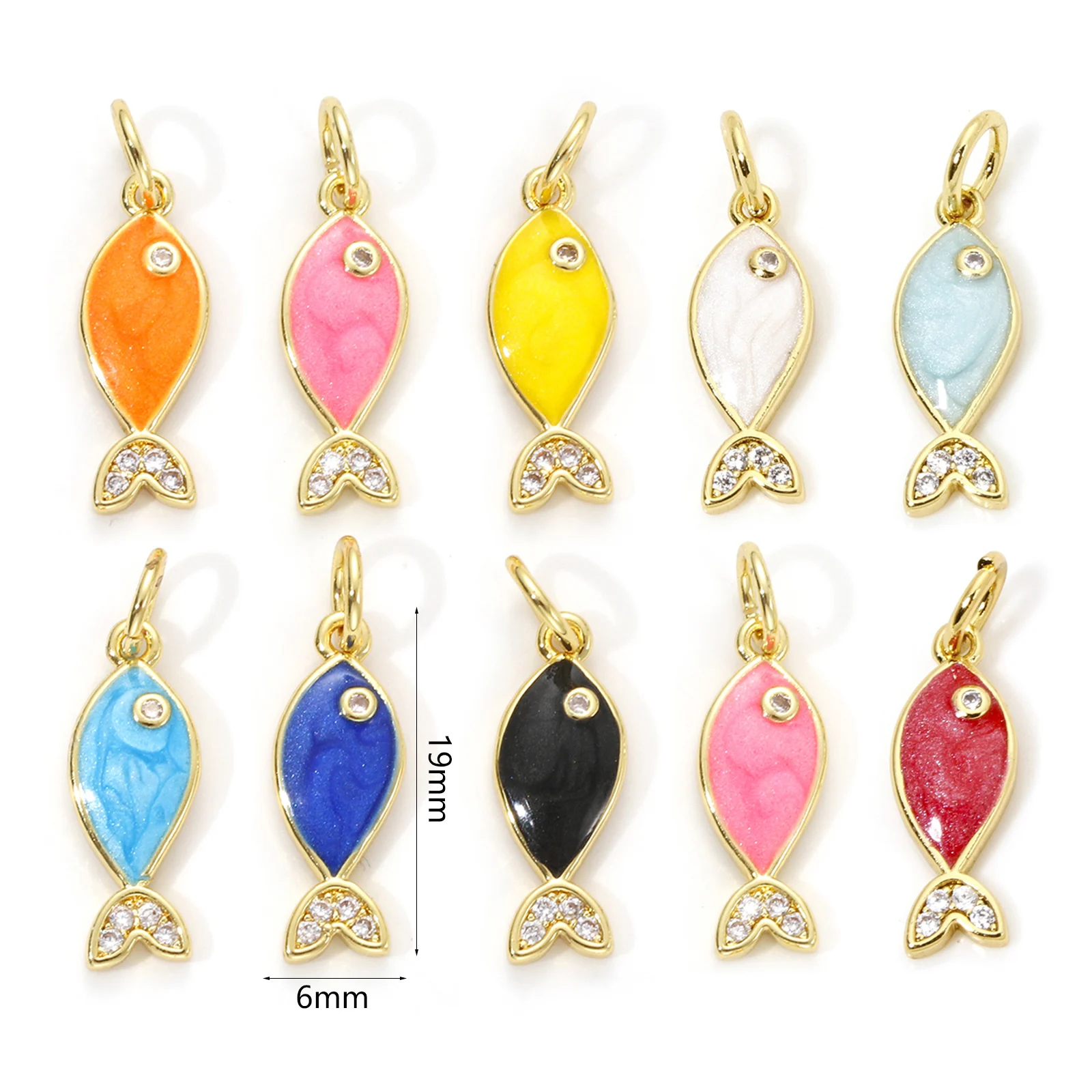1 Piece Brass Ocean Fish Jewelry Charms 18K Gold Plated Enamel Pearlized Clear Cubic Zirconia Pendant Necklace DIY 19mm X 6mm