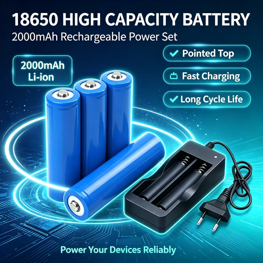 18650  2000 mah Rechargeable Battery 18650 with Pointed Charger For Flashlight Batteries 18650 LI-Ion