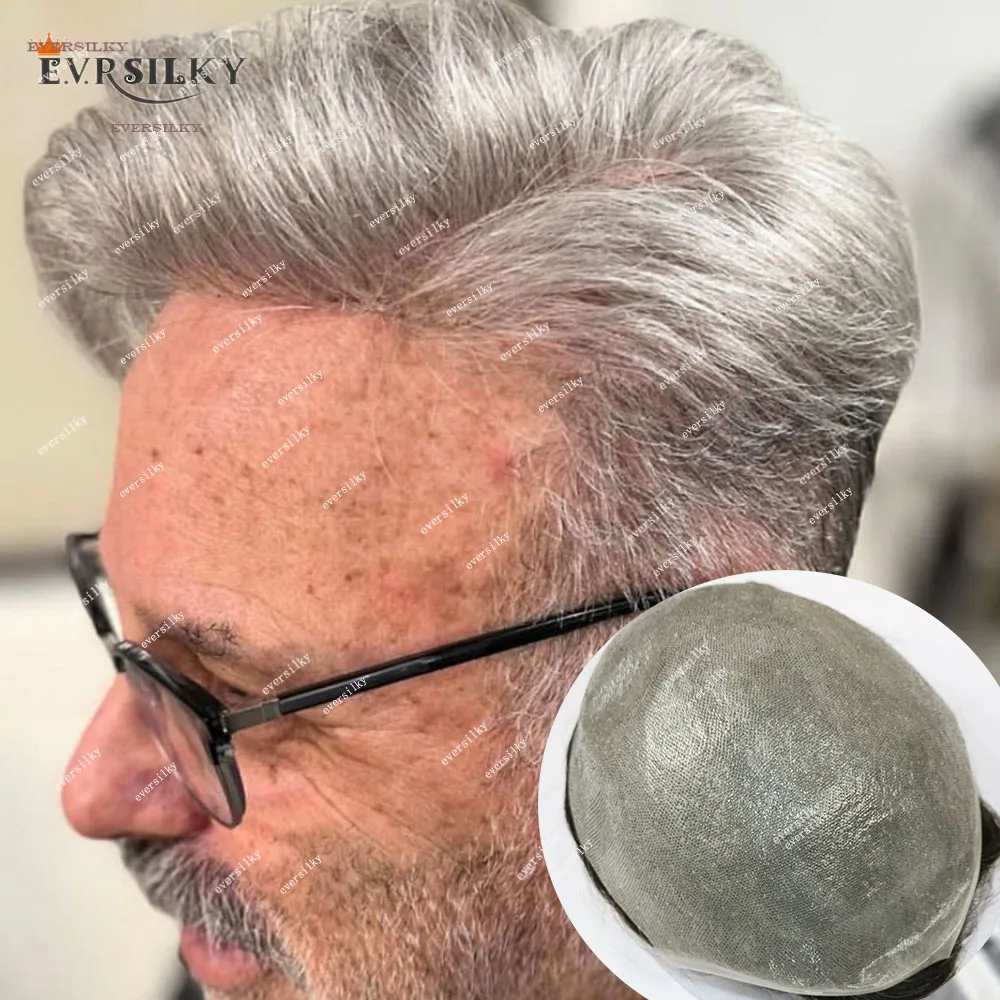 Natural Hairline 0.02mm Super Thin Skin Grey 1B80 Mens Toupee Wig 80%- 90% Brown Blonde Male 100% Human Hair Capillary Prosthesi