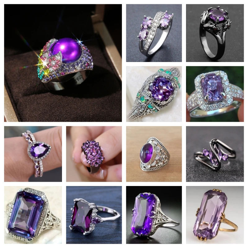 2026 new dazzling geometric square purple crystal high-end women's ring, exaggerated accessories, cocktail party jewelry