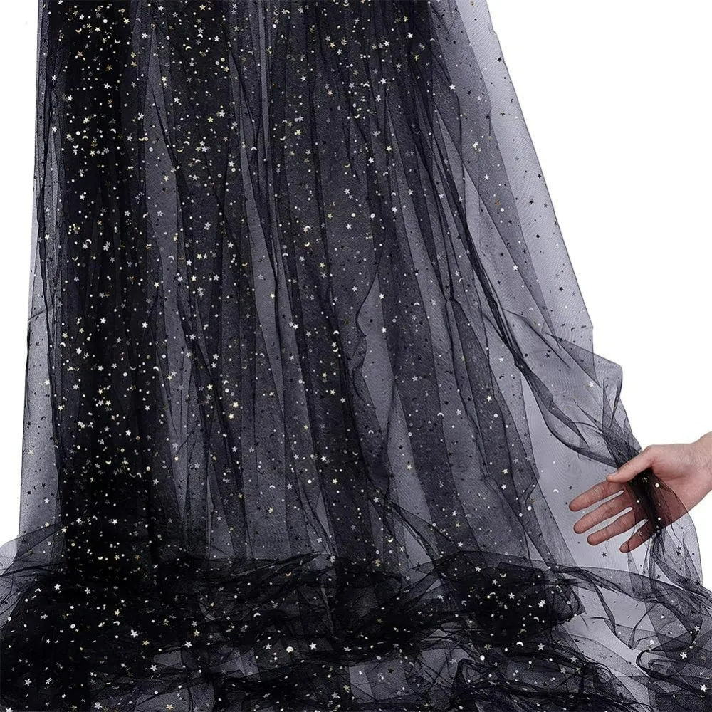 

6 Yards x 59 Inch Glitter Tulle Fabric Roll Star Moon Pattern Polyester Mesh for Wedding Backdrops Party Decorations DIY