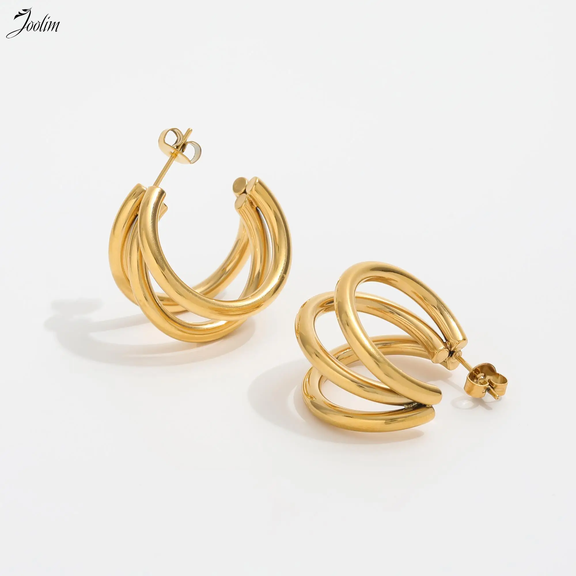 

Joolim Jewelry High End PVD Drop Shipping Supplier Wholesale Tricyclic Curved Circular Arc Hoop Stainless Steel Earring