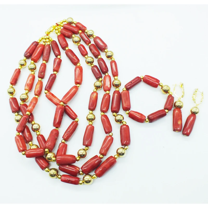 4rows brown Coral Drum Beads Jewelry Set For European Wedding