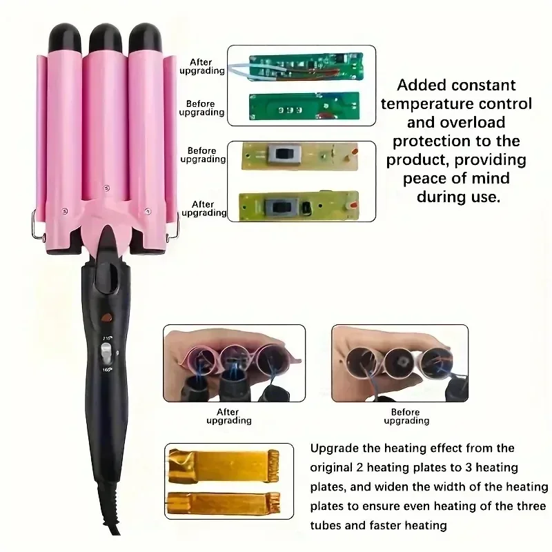 1PC-3-Barrel Design Creates Natural Curls, Overheat Protection, Dual Voltage (110V-240V), Professional Use